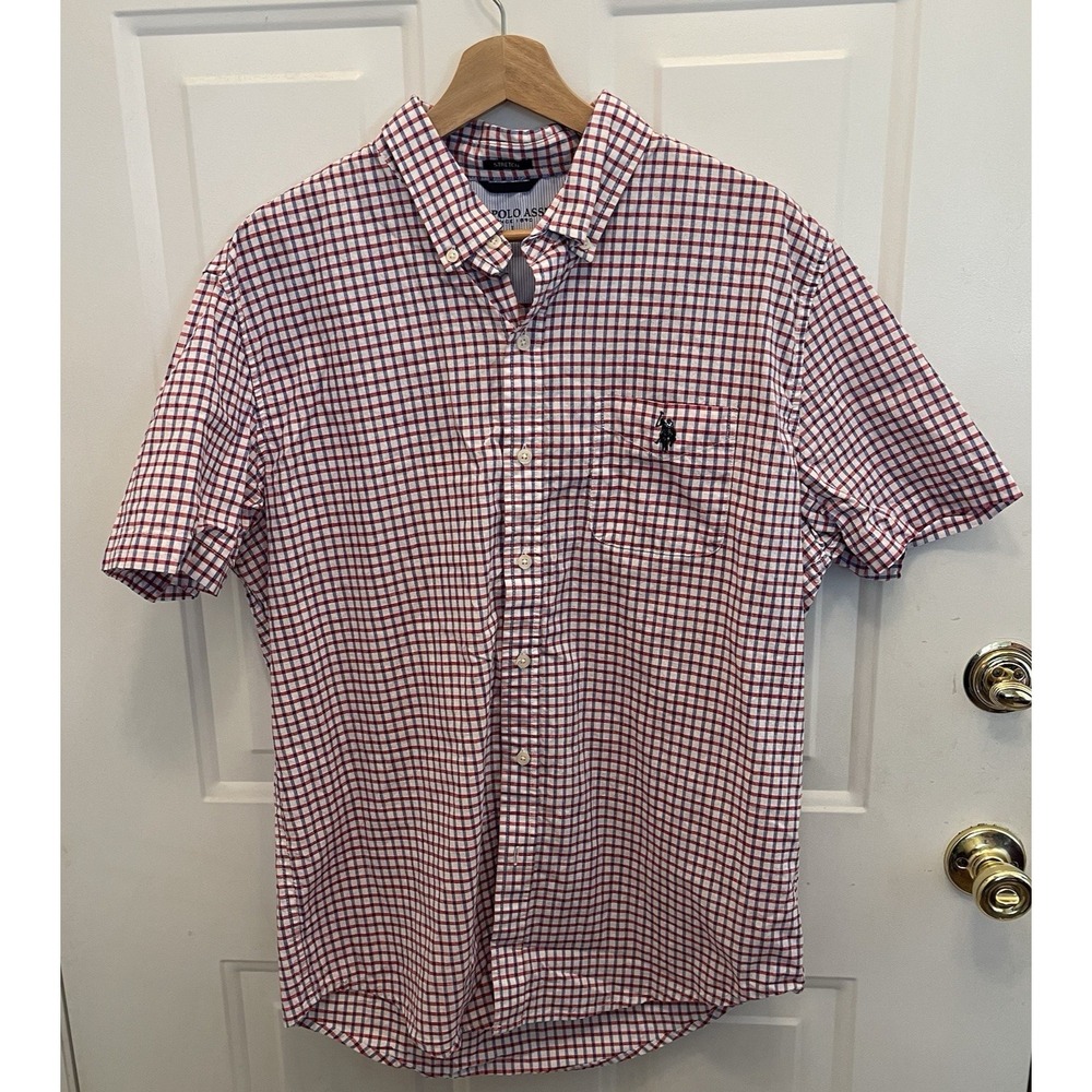 US Polo Assn. Button Down Short‎ Sleeves Red Blue Check Stretch Mens Large